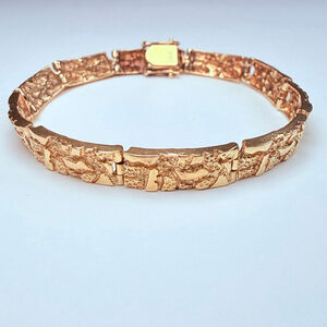 Solid 14k Yellow Gold Nugget Panel Link Bracelet HEAVY
